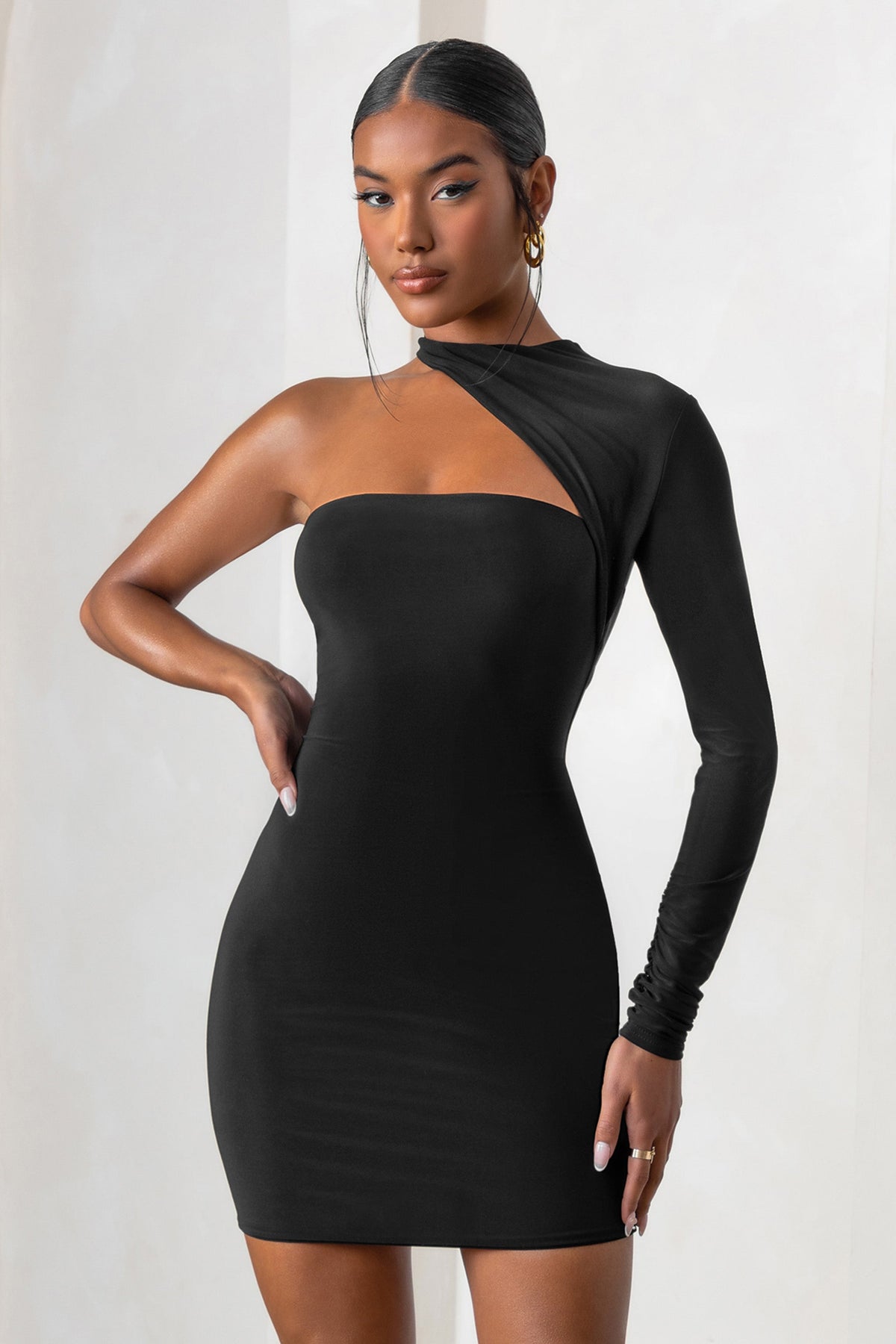 black dress with one shoulder
